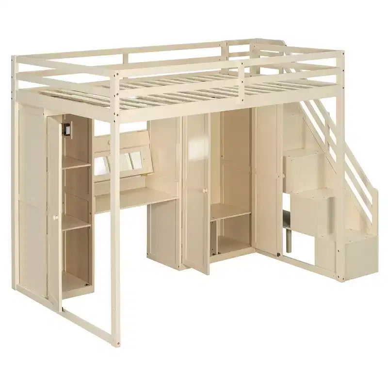 Lit mezzanine double avec escalier de rangement, coiffeuse intégrée avec miroir et tiroir, armoire