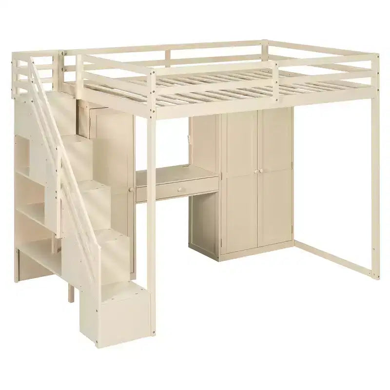 Lit mezzanine double avec escalier de rangement, coiffeuse intégrée avec miroir et tiroir, armoire