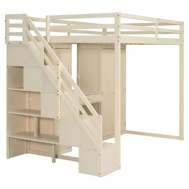 Lit mezzanine double avec escalier de rangement, coiffeuse intégrée avec miroir et tiroir, armoire