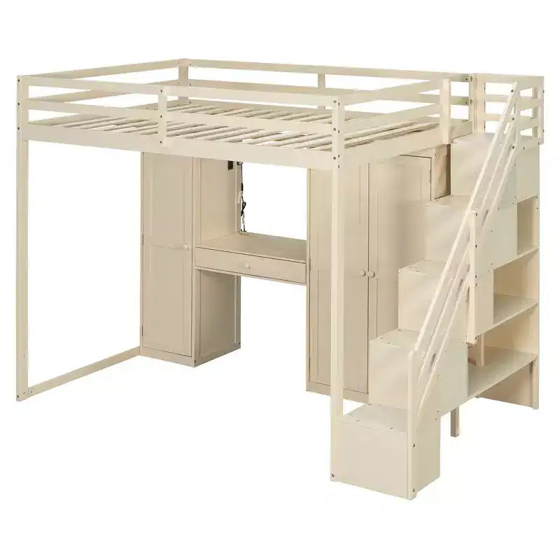 Lit mezzanine double avec escalier de rangement, coiffeuse intégrée avec miroir et tiroir, armoire