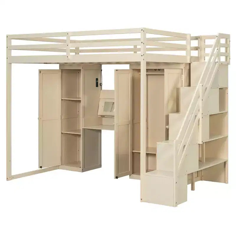 Lit mezzanine double avec escalier de rangement, coiffeuse intégrée avec miroir et tiroir, armoire