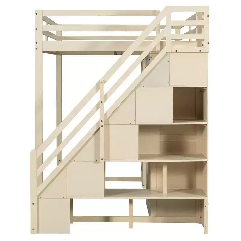 Lit mezzanine double avec escalier de rangement, coiffeuse intégrée avec miroir et tiroir, armoire
