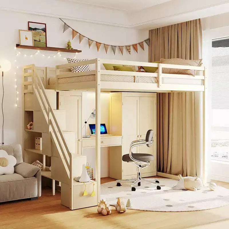 Whisen Full Loft Bed with Storage Staircase, Built-In Dressing Table with Mirror and Drawer, Wardrobe