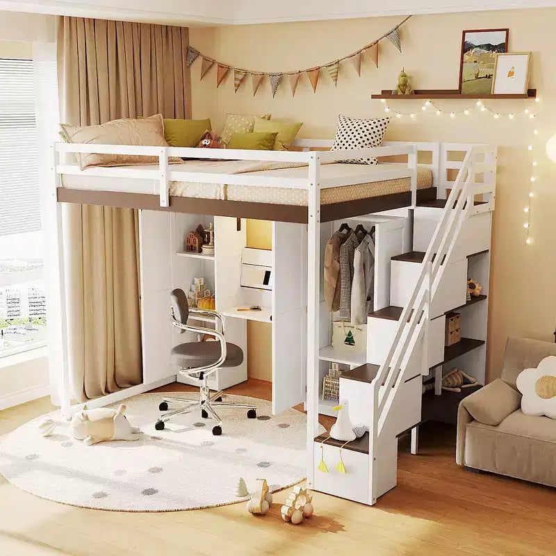 Lit mezzanine double avec escalier de rangement, coiffeuse intégrée avec miroir et tiroir, armoire