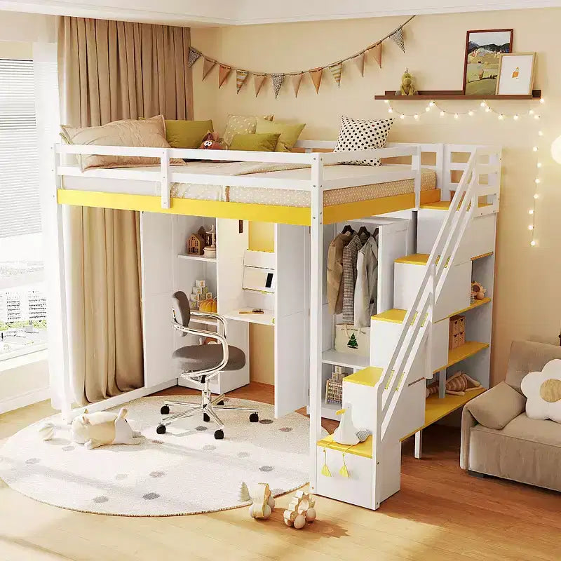 Lit mezzanine double avec escalier de rangement, coiffeuse intégrée avec miroir et tiroir, armoire