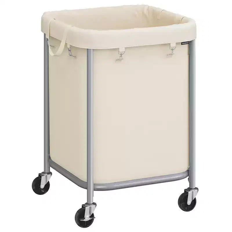 SONGMICS 45-Gallon (170 L) Laundry Basket with Wheels,with Steel Frame and Removable Bag, 2 Locking Wheels, Cream White and Metallic Silver