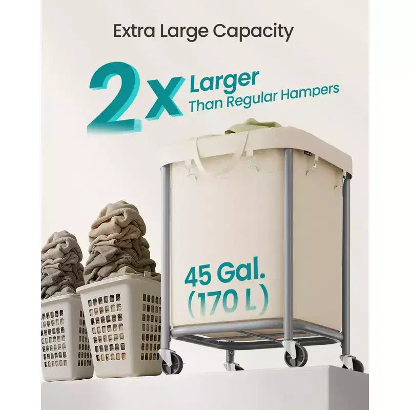 Panier à linge de 170 L (45 gallons) avec roulettes, avec cadre en acier et sac amovible, 2 roulettes verrouillables, blanc cassé et argent métallique