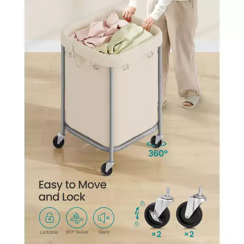 Panier à linge de 170 L (45 gallons) avec roulettes, avec cadre en acier et sac amovible, 2 roulettes verrouillables, blanc cassé et argent métallique