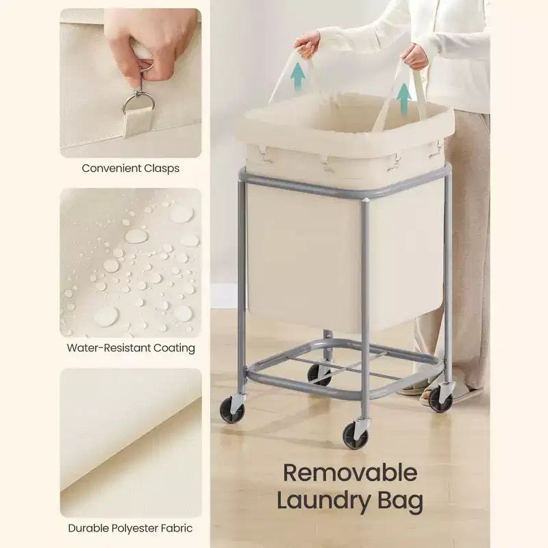 Panier à linge de 170 L (45 gallons) avec roulettes, avec cadre en acier et sac amovible, 2 roulettes verrouillables, blanc cassé et argent métallique