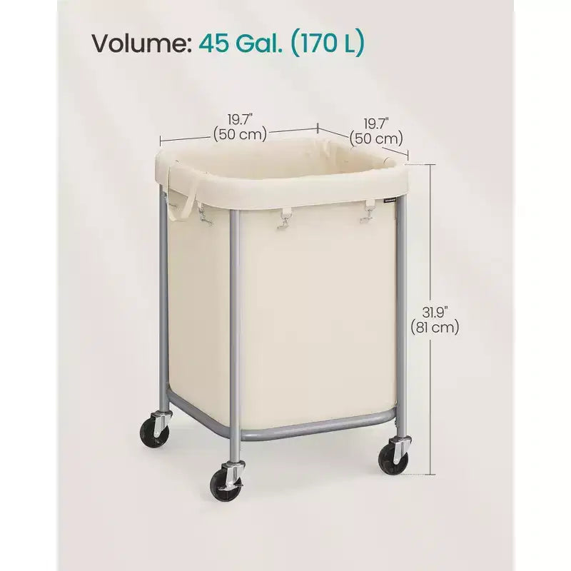 Panier à linge de 170 L (45 gallons) avec roulettes, avec cadre en acier et sac amovible, 2 roulettes verrouillables, blanc cassé et argent métallique