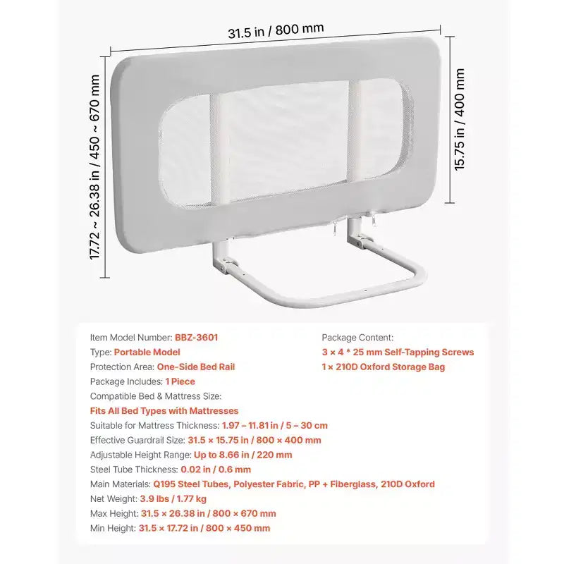Barrière de lit pour tout-petit, barrière de protection pour lits d'enfants avec tuyau en fer renforcé et tissu Oxford, barrière de lit latérale réglable en hauteur, 1 pièce, gris