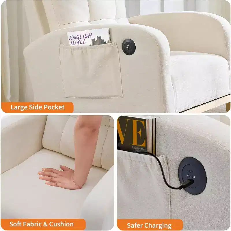 Fauteuil à bascule rembourré moderne pour chambre de bébé, fauteuil planeur en bouclette pour chambre d'enfant avec dossier haut, fauteuil inclinable, pour salon, beige