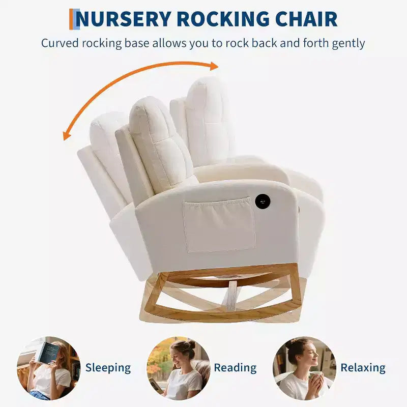 Fauteuil à bascule rembourré moderne pour chambre de bébé, fauteuil planeur en bouclette pour chambre d'enfant avec dossier haut, fauteuil inclinable, pour salon, beige