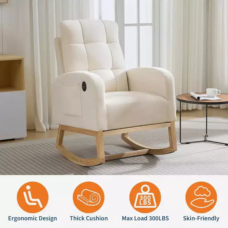 Fauteuil à bascule rembourré moderne pour chambre de bébé, fauteuil planeur en bouclette pour chambre d'enfant avec dossier haut, fauteuil inclinable, pour salon, beige
