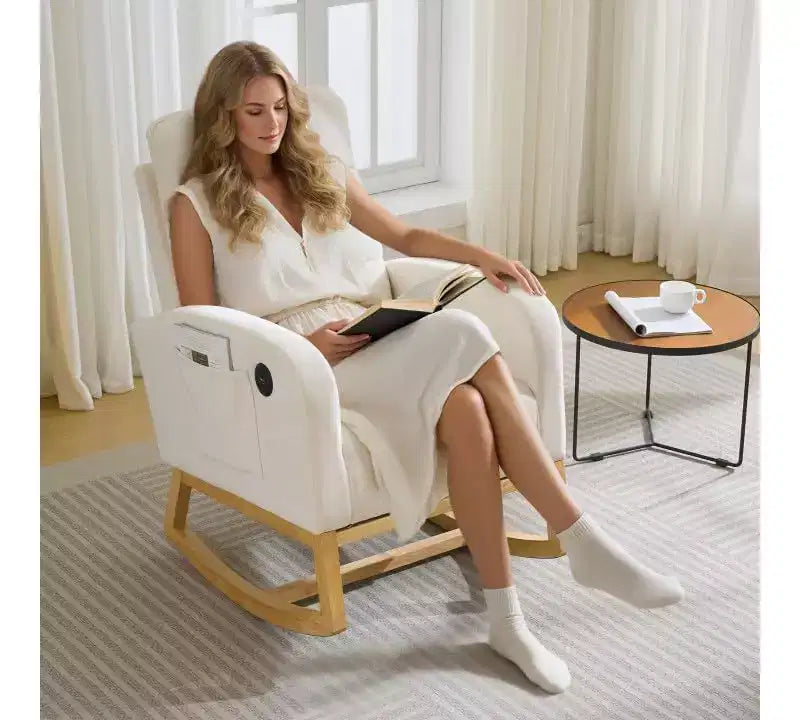 Fauteuil à bascule rembourré moderne pour chambre de bébé, fauteuil planeur en bouclette pour chambre d'enfant avec dossier haut, fauteuil inclinable, pour salon, beige