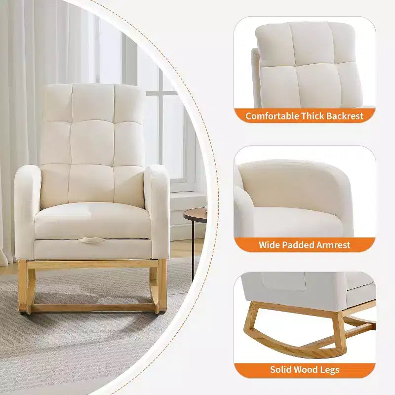 Fauteuil à bascule rembourré moderne pour chambre de bébé, fauteuil planeur en bouclette pour chambre d'enfant avec dossier haut, fauteuil inclinable, pour salon, beige