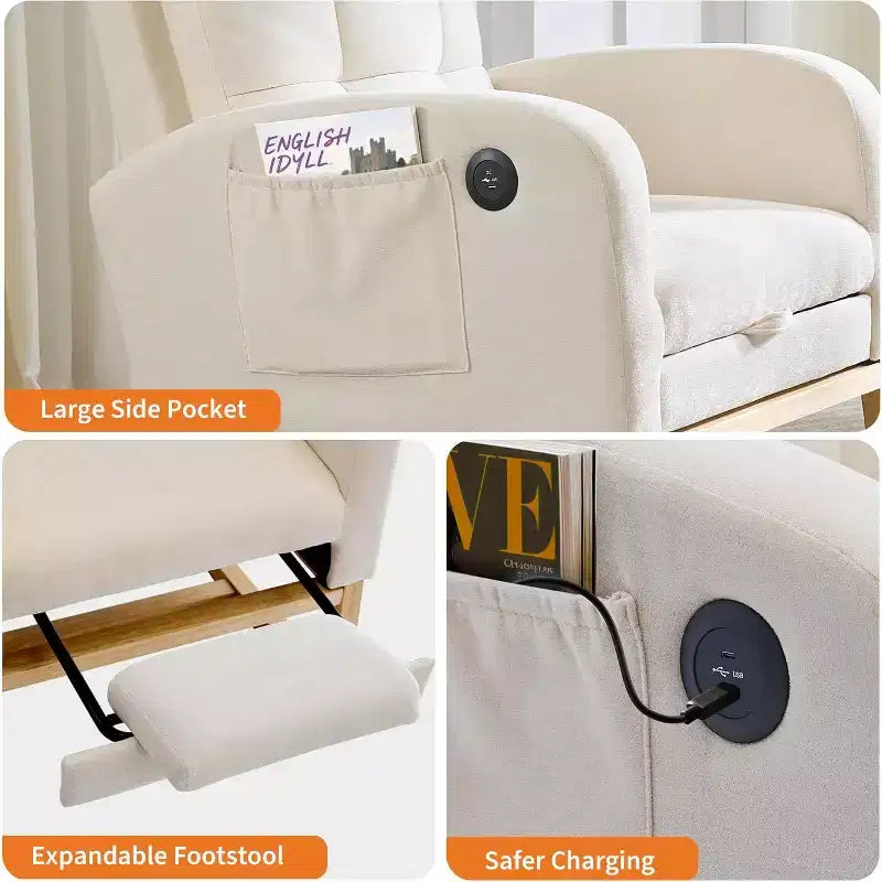 Fauteuil à bascule rembourré moderne pour chambre de bébé, fauteuil planeur en bouclette pour chambre d'enfant avec dossier haut, fauteuil inclinable, pour salon, beige