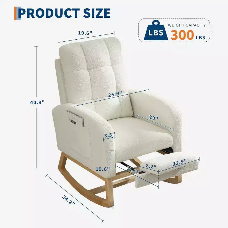 Fauteuil à bascule rembourré moderne pour chambre de bébé, fauteuil planeur en bouclette pour chambre d'enfant avec dossier haut, fauteuil inclinable, pour salon, beige