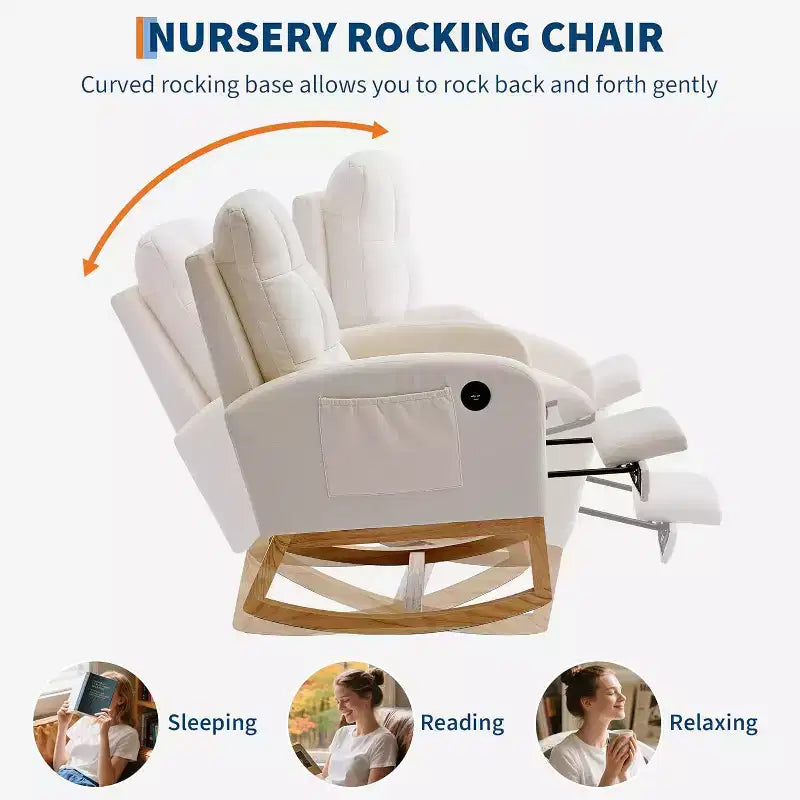Fauteuil à bascule rembourré moderne pour chambre de bébé, fauteuil planeur en bouclette pour chambre d'enfant avec dossier haut, fauteuil inclinable, pour salon, beige