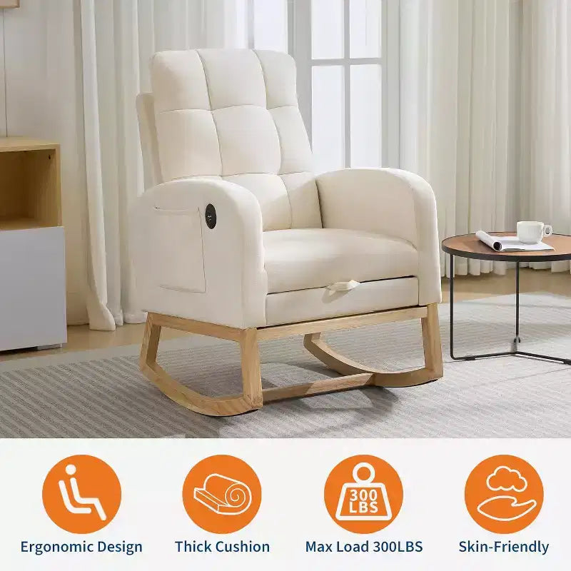 Fauteuil à bascule rembourré moderne pour chambre de bébé, fauteuil planeur en bouclette pour chambre d'enfant avec dossier haut, fauteuil inclinable, pour salon, beige