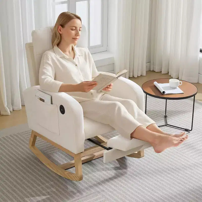 Fauteuil à bascule rembourré moderne pour chambre de bébé, fauteuil planeur en bouclette pour chambre d'enfant avec dossier haut, fauteuil inclinable, pour salon, beige