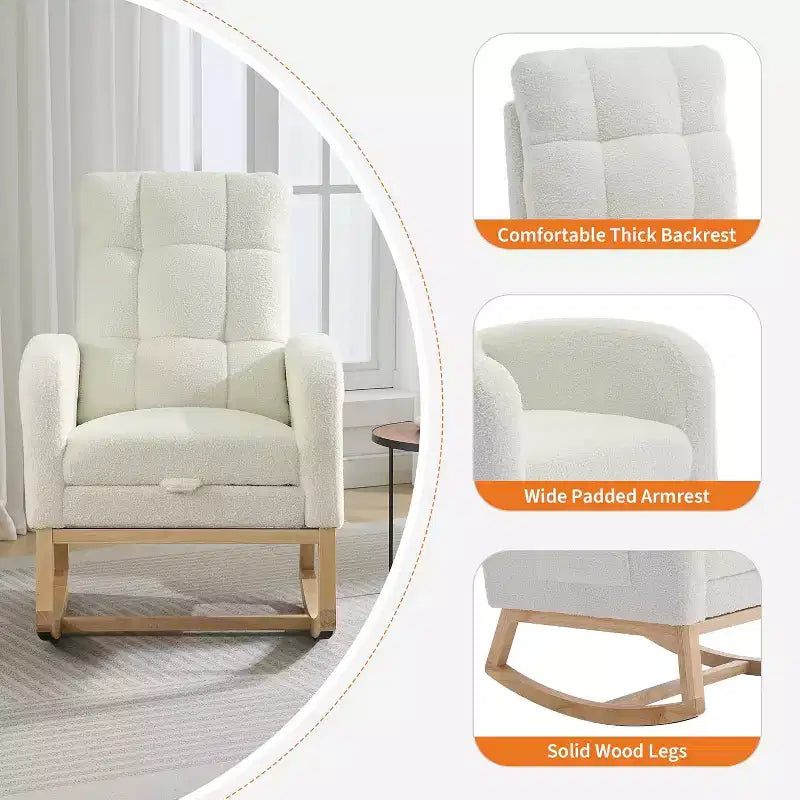 Fauteuil à bascule rembourré moderne pour chambre de bébé, fauteuil planeur en bouclette pour chambre d'enfant avec dossier haut, fauteuil inclinable, pour salon, beige