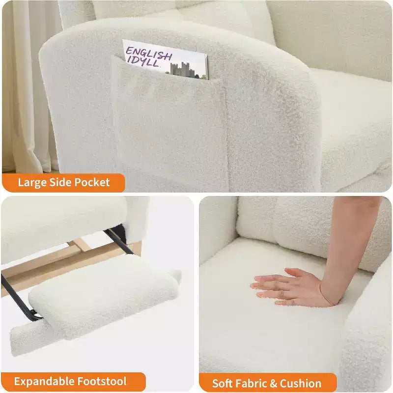 Fauteuil à bascule rembourré moderne pour chambre de bébé, fauteuil planeur en bouclette pour chambre d'enfant avec dossier haut, fauteuil inclinable, pour salon, beige