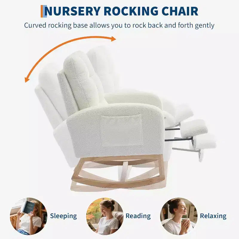 Fauteuil à bascule rembourré moderne pour chambre de bébé, fauteuil planeur en bouclette pour chambre d'enfant avec dossier haut, fauteuil inclinable, pour salon, beige