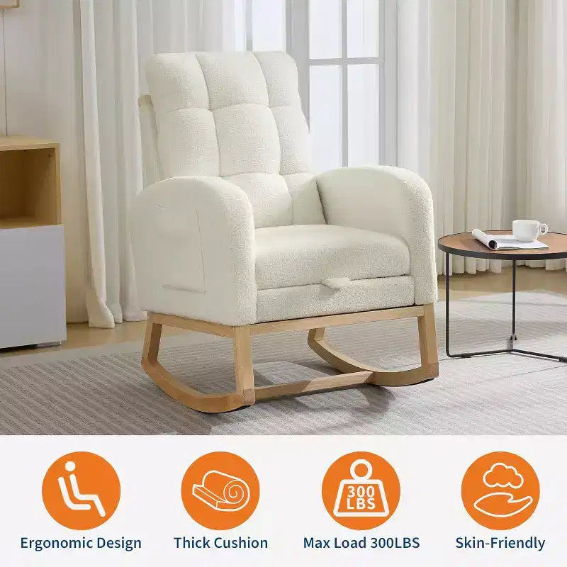 Fauteuil à bascule rembourré moderne pour chambre de bébé, fauteuil planeur en bouclette pour chambre d'enfant avec dossier haut, fauteuil inclinable, pour salon, beige