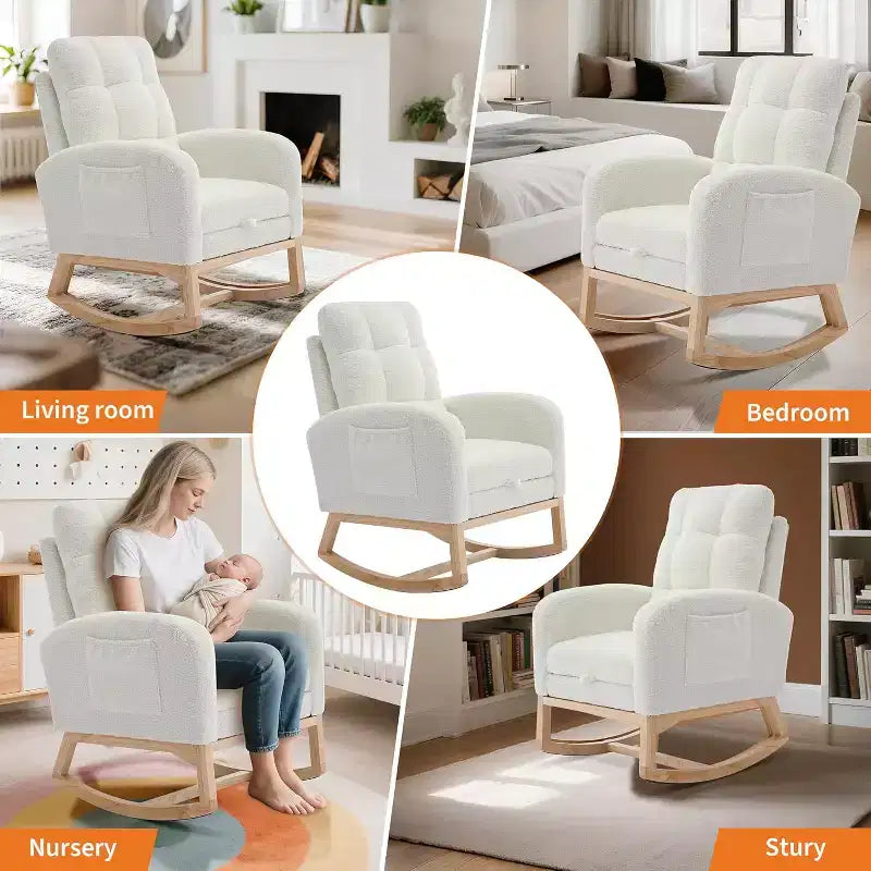 Fauteuil à bascule rembourré moderne pour chambre de bébé, fauteuil planeur en bouclette pour chambre d'enfant avec dossier haut, fauteuil inclinable, pour salon, beige