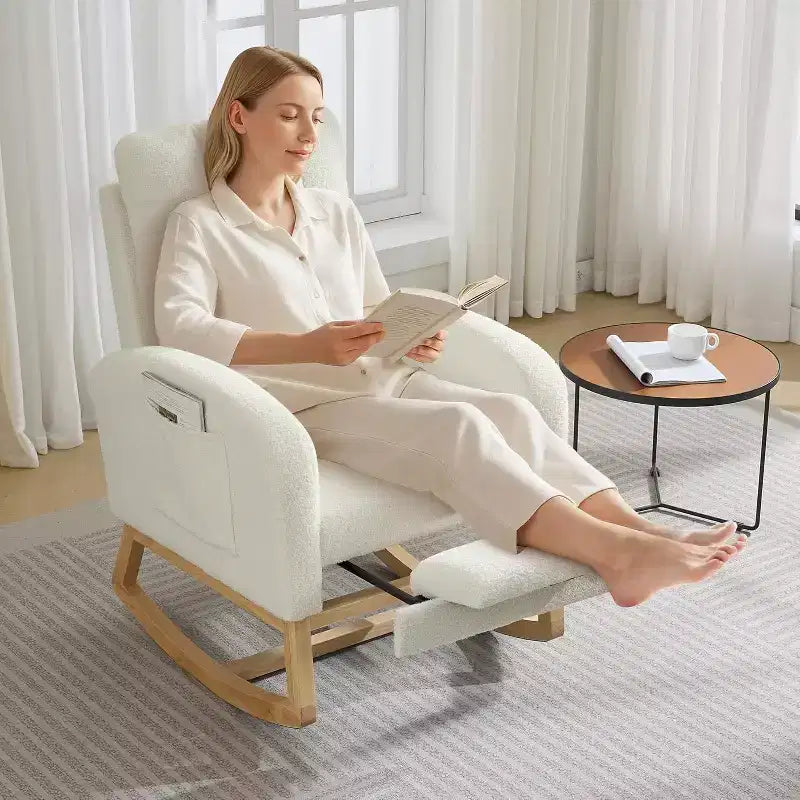 Fauteuil à bascule rembourré moderne pour chambre de bébé, fauteuil planeur en bouclette pour chambre d'enfant avec dossier haut, fauteuil inclinable, pour salon, beige