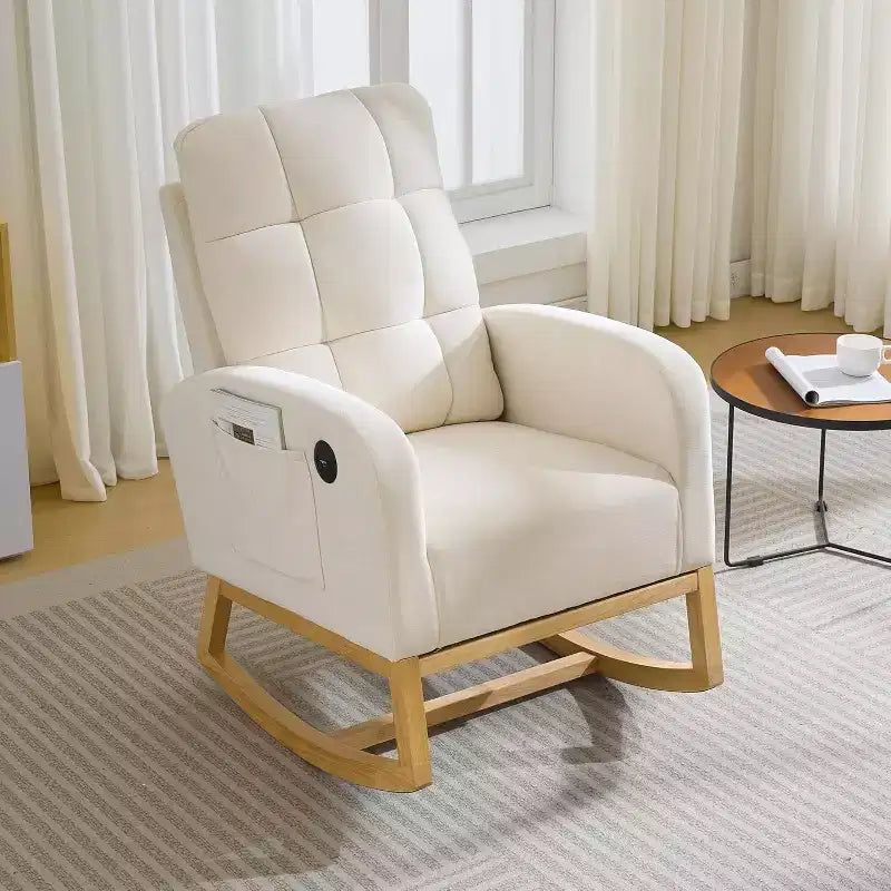 Fauteuil à bascule rembourré moderne pour chambre de bébé, fauteuil planeur en bouclette pour chambre d'enfant avec dossier haut, fauteuil inclinable, pour salon, beige