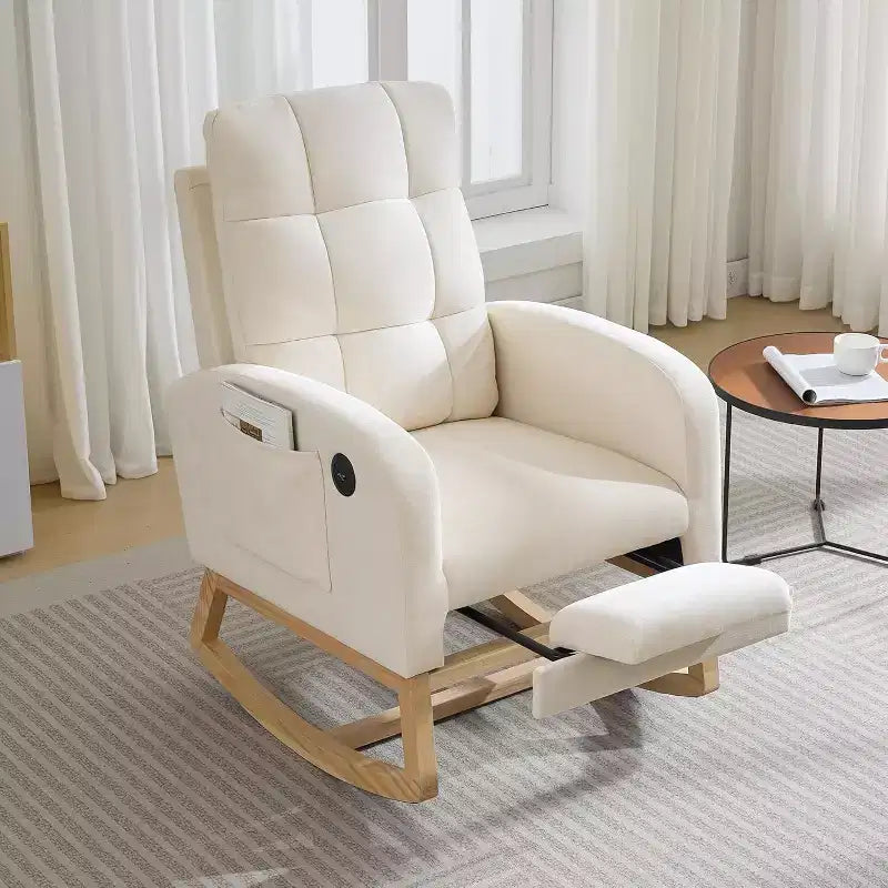 Fauteuil à bascule rembourré moderne pour chambre de bébé, fauteuil planeur en bouclette pour chambre d'enfant avec dossier haut, fauteuil inclinable, pour salon, beige