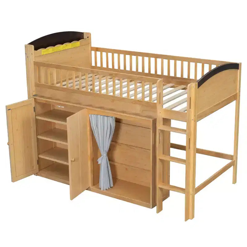 Lit mezzanine double/simple avec tête de lit LED, armoire et meuble de rangement à double porte