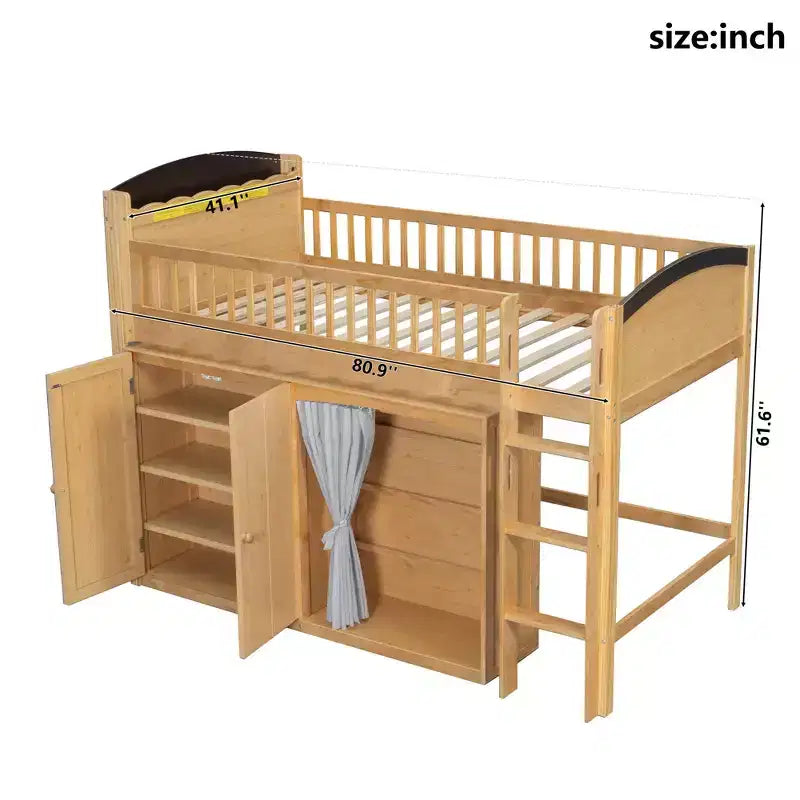 Lit mezzanine double/simple avec tête de lit LED, armoire et meuble de rangement à double porte