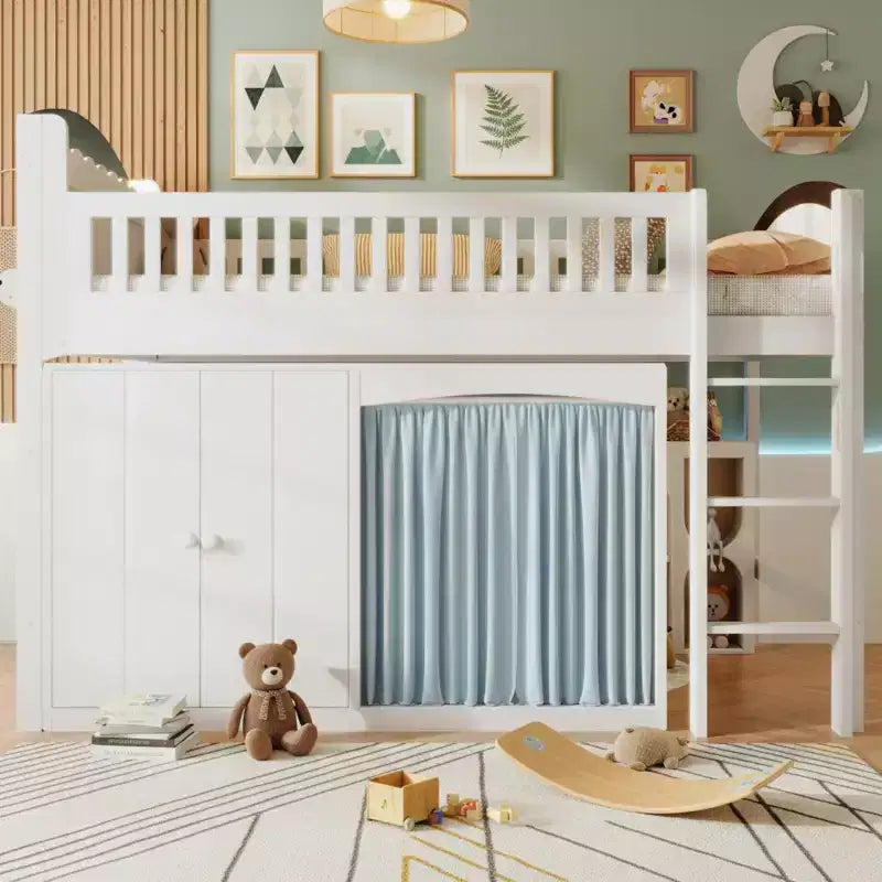 Lit mezzanine double/simple avec tête de lit LED, armoire et meuble de rangement à double porte