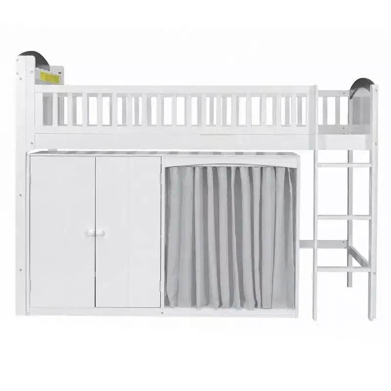 Lit mezzanine double/simple avec tête de lit LED, armoire et meuble de rangement à double porte