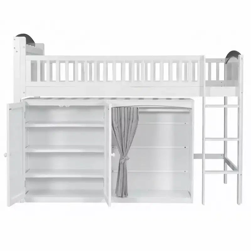 Lit mezzanine double/simple avec tête de lit LED, armoire et meuble de rangement à double porte