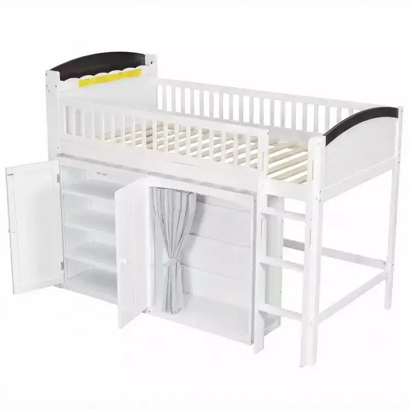 Lit mezzanine double/simple avec tête de lit LED, armoire et meuble de rangement à double porte