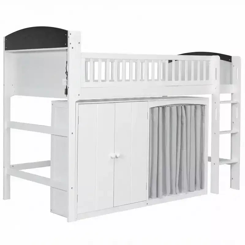 Lit mezzanine double/simple avec tête de lit LED, armoire et meuble de rangement à double porte