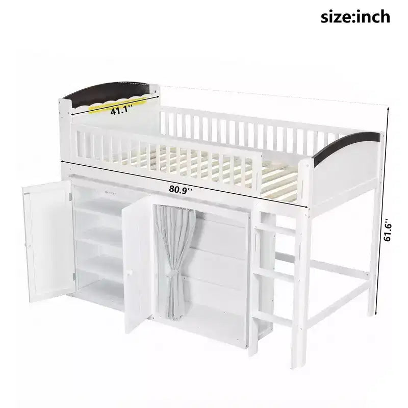 Lit mezzanine double/simple avec tête de lit LED, armoire et meuble de rangement à double porte