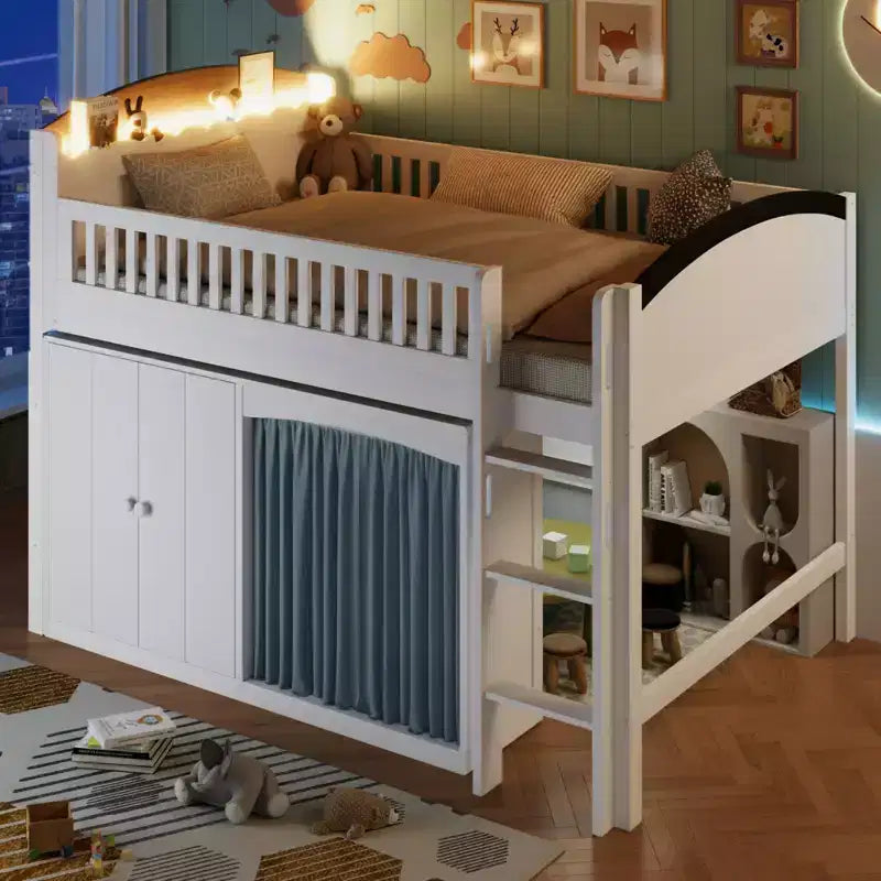 Polibi Full/Twin Loft Bed with LED Headboard, Wardrobe & Double-Door Storage Cabinet