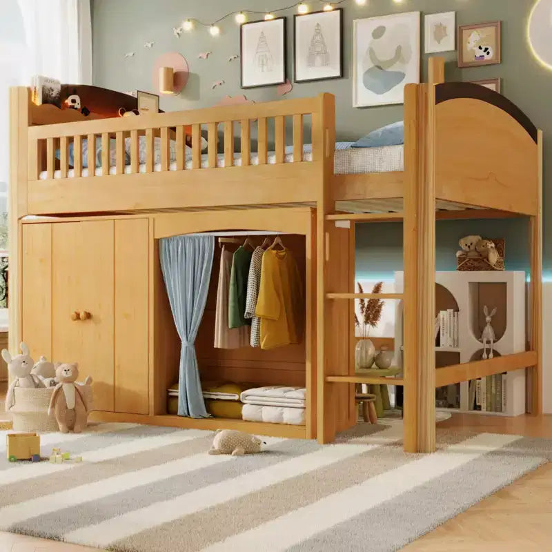Lit mezzanine double/simple avec tête de lit LED, armoire et meuble de rangement à double porte