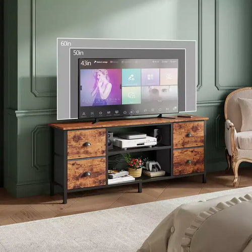 Meuble TV commode marron de 55 pouces pour téléviseurs jusqu'à 60 pouces avec 4 tiroirs, console multimédia, centre de divertissement, étagères ouvertes, rangement pour chambre et salon