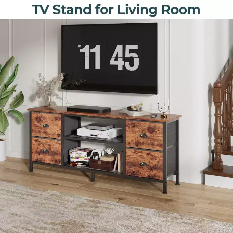 Meuble TV commode marron de 55 pouces pour téléviseurs jusqu'à 60 pouces avec 4 tiroirs, console multimédia, centre de divertissement, étagères ouvertes, rangement pour chambre et salon
