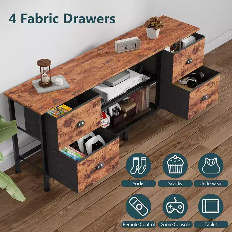 Meuble TV commode marron de 55 pouces pour téléviseurs jusqu'à 60 pouces avec 4 tiroirs, console multimédia, centre de divertissement, étagères ouvertes, rangement pour chambre et salon
