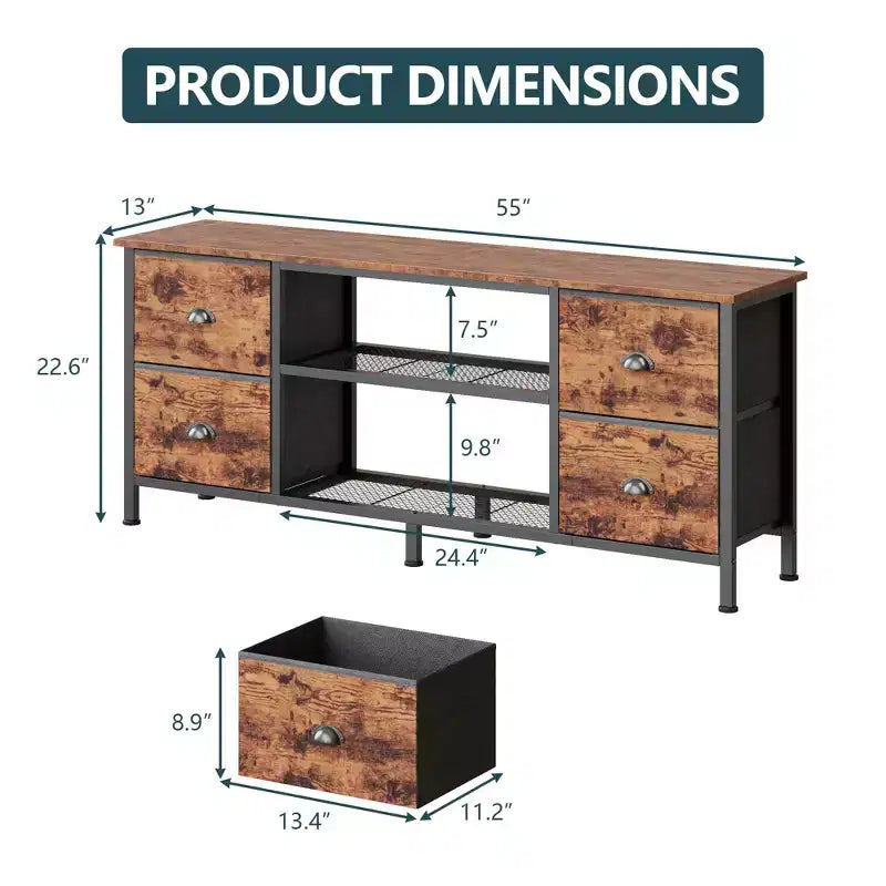 Meuble TV commode marron de 55 pouces pour téléviseurs jusqu'à 60 pouces avec 4 tiroirs, console multimédia, centre de divertissement, étagères ouvertes, rangement pour chambre et salon