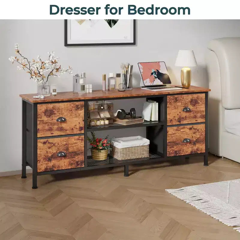 Meuble TV commode marron de 55 pouces pour téléviseurs jusqu'à 60 pouces avec 4 tiroirs, console multimédia, centre de divertissement, étagères ouvertes, rangement pour chambre et salon