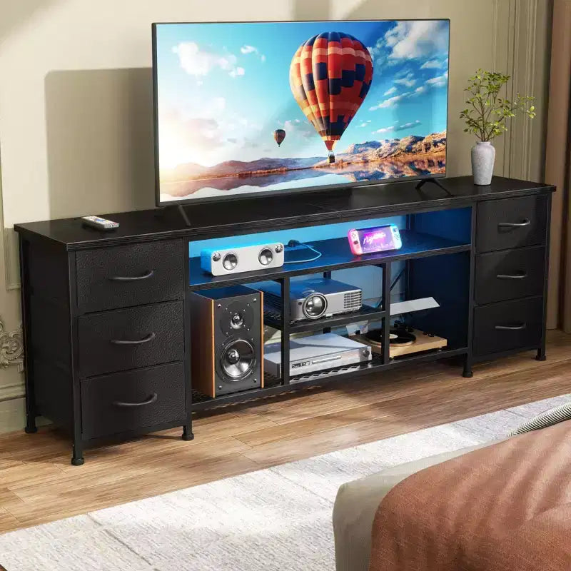 71 Inch Black TV Stand Dresser with Charging Station LED Lights 6 Fabric Drawers PU Leather Media Console for TVs up to 80 Inch Bedroom Storage