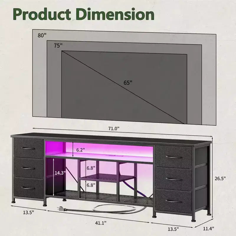 Meuble TV noir de 71 pouces avec station de charge, lumières LED, 6 tiroirs en tissu, console multimédia en cuir PU pour téléviseurs jusqu'à 80 pouces, rangement de chambre